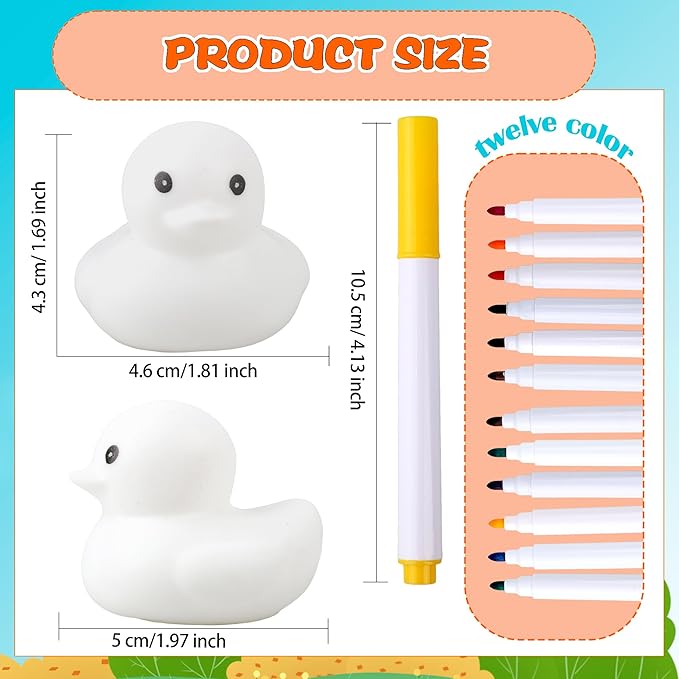 36 Pcs 2 Inch White Blank Rubber Ducks DIY Ducks Bulk Float Bath Toy Squeaky Duckies with Pens of 12 Colors for Baby Gifts Birthday Pool Activity Supplies