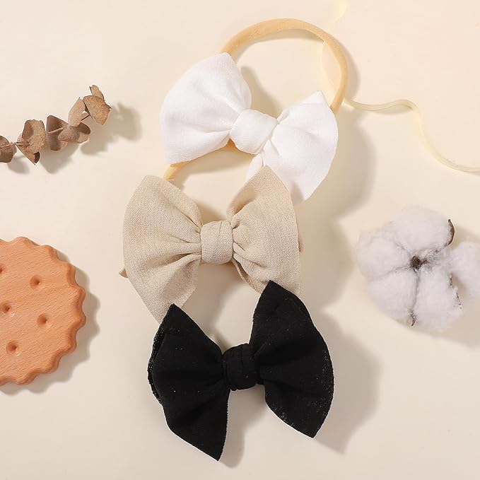 yoyokid 3PCS 4" Baby Girls Bow Headband, Elastic Nylon Hairbands Soft Baby Hairbands with Bows Hair Accessories for Newborn Infant Toddler, Beige Black White