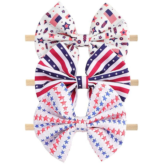 4th of July America Flag Baby Headbands Cheer Bow, Baby Girls Red White Blue Star Spangled Patriotic Hair Bow for Newborns Toddlers Small Children,3 Pcs (America Flag-C)