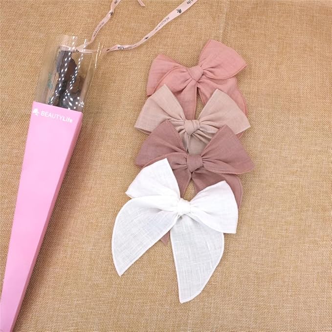 Pack of 4 Gorgeous Fable Bow Hair Clips for Girls Women Linen Hair Bow Alligator Clips Toddler Baby Mom Young Girl Hair Accessories (Antique Natural)