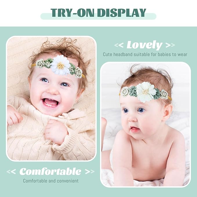 Dizila 6 Pieces Super Soft Stretchy Green Khaki White Baby Girl Nylon Bow Flower Headbands Floral Lace Headbands Hair Accessories for Newborns Infants Toddlers Girls Kids