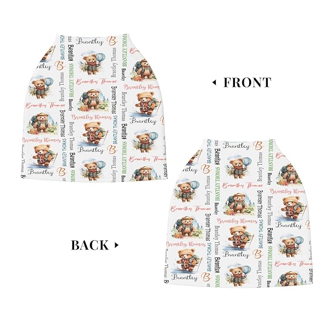 Personalized Baby Car Seat Covers for Babies, Custom Bear Nursing Breastfeeding Carseat Canopy with Name, Infant Stroller Covers for Newborn Girls Boys, Breathable Carseat Cover