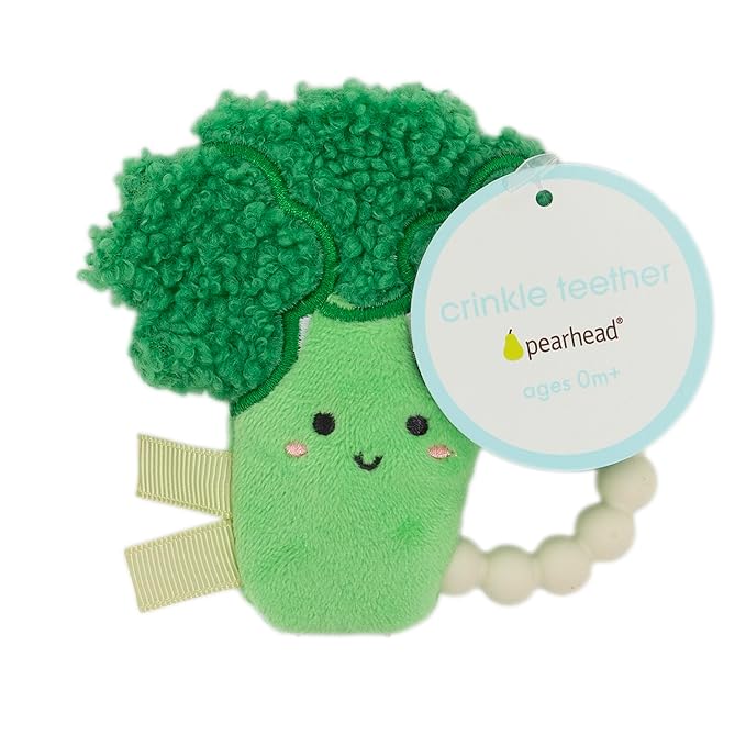 Pearhead Broccoli Baby Teether – Soft Plush Sensory Toy with BPA-Free Silicone Beaded Ring & Crinkle Sound, Soothes Teething Pain, Funny Newborn Essential for Boys and Girls, 0+ Months