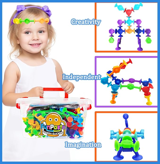 165Pcs Genius Suckers Suction Cup Toys, Bath Sensory Toys for Kids, Colorful Building Toys Party Favor Gift for 3 4 5 6 Year Old Boy Girl Toddler Travel Fidget Window Toy with Storage Organizer