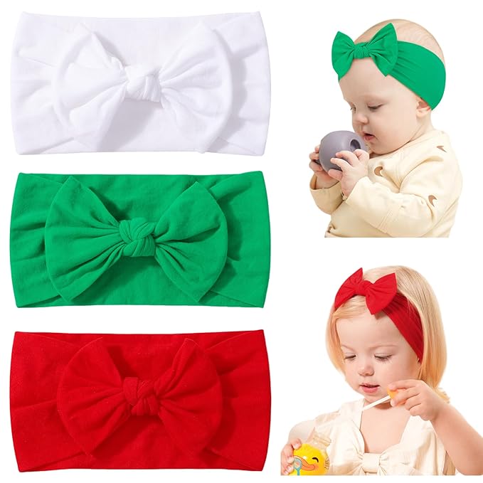 jollybows 3PCS Baby Christmas Bow Headbands Soft Nylon Baby Girl Headbands for Newborn Infant Toddler Kids Cute Bow Wide Hairbands Hair Accessories(White Green Red-Merry Christmas)