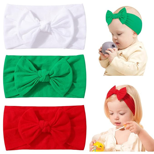 jollybows 3PCS Baby Christmas Bow Headbands Soft Nylon Baby Girl Headbands for Newborn Infant Toddler Kids Cute Bow Wide Hairbands Hair Accessories(White Green Red-Merry Christmas)