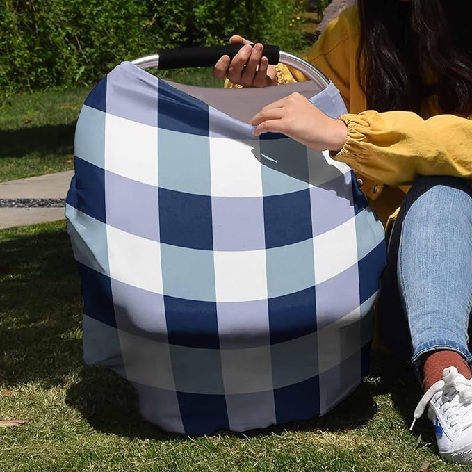 Blue White Plaid Car Seat Covers for Babies, Modern Geometric Checkered Lattice Nursing Breastfeeding Covers Stretchy Breathable Baby Carseat Canopy Cover for Girls and Boys Shower Gifts