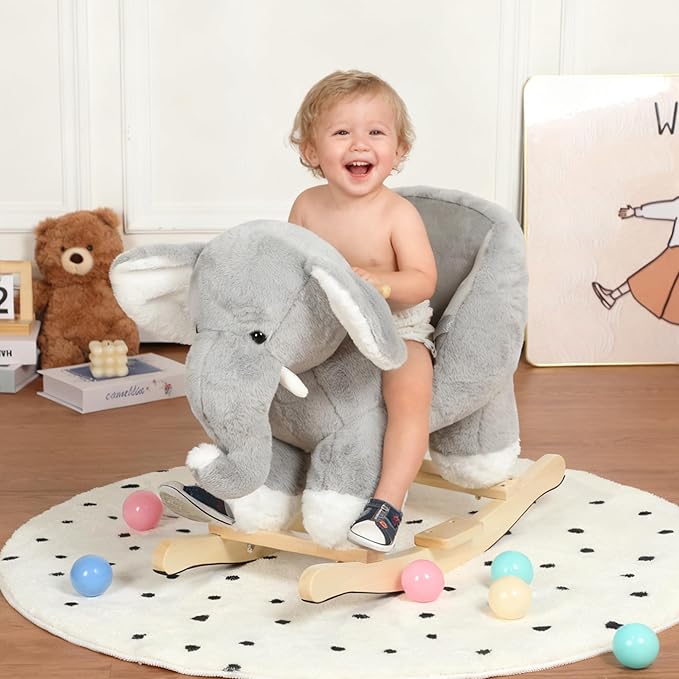 Elephant Baby Rocking Horse for Toddlers 1 Years to 3 Years, Stuffed Plush Ride-on Rocking Animal with Realistic Sound and Music, Wooden Rocking Horse with Seat, Grey Elephant, CPC Certified