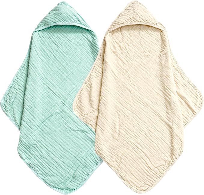 david's kids 2 Pack Hooded Baby Towels, 100% Muslin Cotton 6-Layer Ultra Soft Breathable Absorbent Baby Bath Towels for Infant and Toddler, Newborn Essentials, Large 32x32Inch, Beige & Green