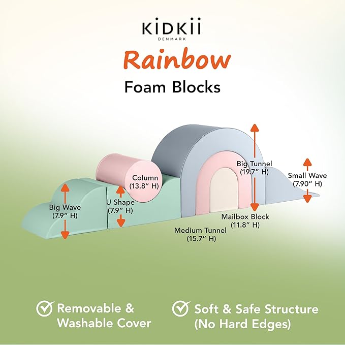Kidkii Rainbow Play Set 7-Piece Foam Climbing & Motor Skill Play Kit, Indoor Activity Play System Set with Climbable Shapes for Toddlers, Pastel Mix