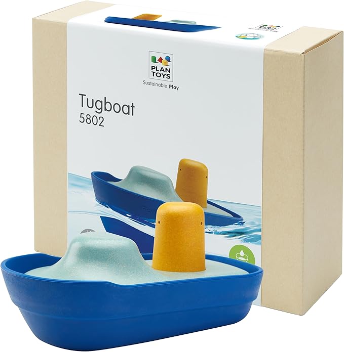 PlanToys® Tugboat Wooden Bath Toy | Eco-Friendly Floating Boat for Kids | Promotes Fine Motor Skills & Imaginative Play | Sustainable Birthday Gift for Bathtime Fun