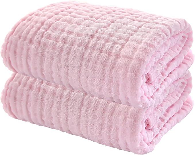 YEBON ProC 2Pcs Baby Muslin Bath Towels, Super Soft Cotton Bath Towel 6 Layers Infant Newborn Swaddle Blanket 41.3 X41.3 Inches,Baby Registry as Shower (Pink)