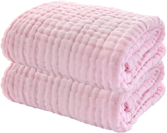 YEBON ProC 2Pcs Baby Muslin Bath Towels, Super Soft Cotton Bath Towel 6 Layers Infant Newborn Swaddle Blanket 41.3 X41.3 Inches,Baby Registry as Shower (Pink)
