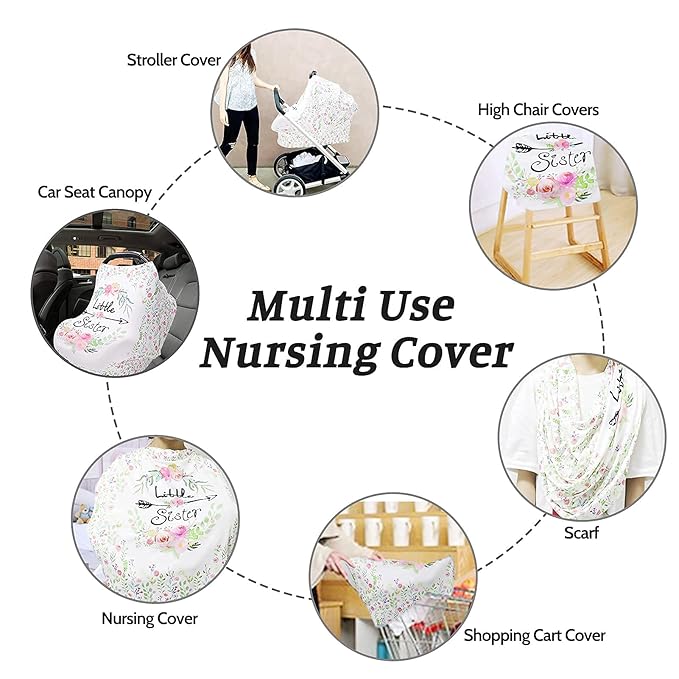 Baby Car Seat Covers Girls, Little Sister Car Seat Canopy for Infant, Multiuse Nursing Covers, Floral Theme Newborn Carrier Cover Summer, Breastfeeding Scarf, Ultra-Soft Breathable