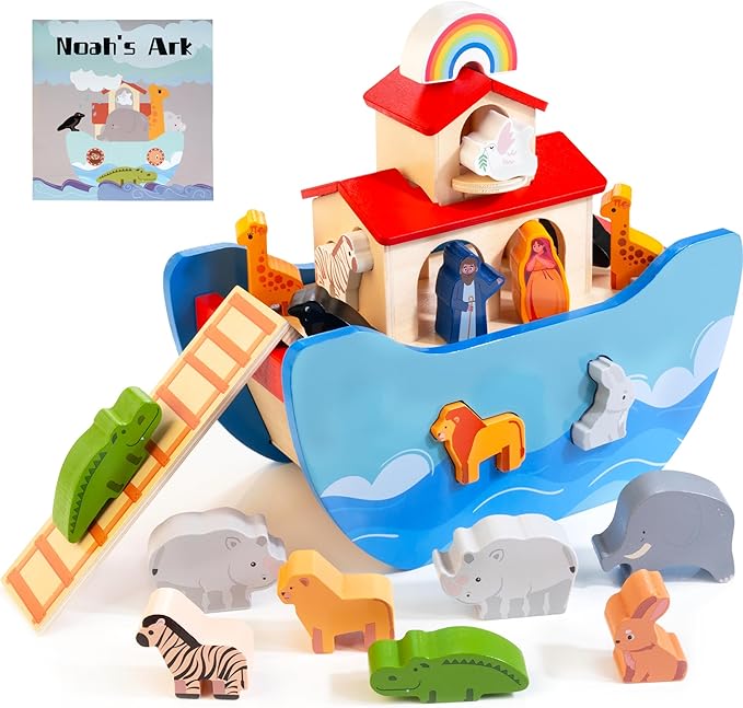 JUSTWOOD Wooden Noahs Ark Toy Animal Play Set, Bible Story Toys Baptism Gift for Boys and Girls Ages 1+ Years, Baby Shape Sorter Toy SS09