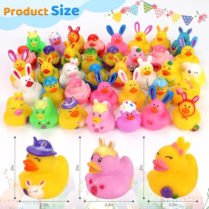50Pcs Easter Rubber Ducks, Mini 2.1 Inch Bunny Rubber Duckies Bath Toys for Kids, Assorted Float Duck Bulk for Fun Bathtub Duck Toys Easter Ducks for Cruise and Easter Basket Stuffers and Party Favors