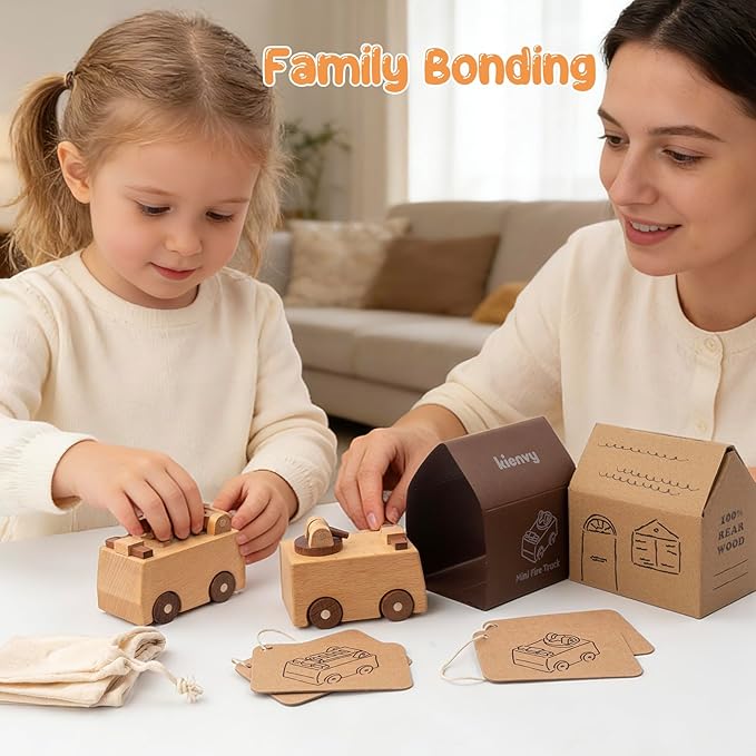 Wooden Toy Cars for 3 Year Old Boys & Girls - Construction Vehicles Set Push Toys for Toddlers, Wood Montessori Car with Rolling Wheels, Natural Wood Toys (Ladder Truck & Fire Truck)