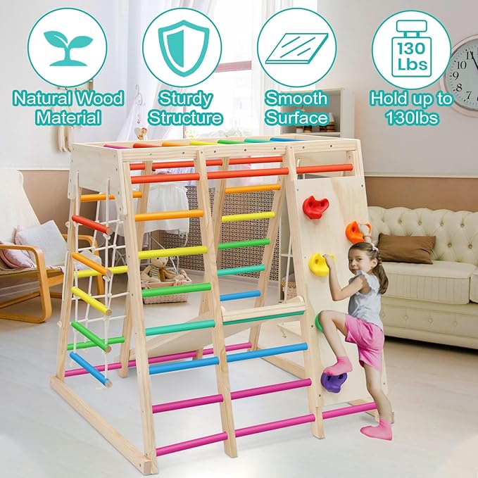EDOSTORY 7 in 1 Pikler Indoor Playground Jungle Gym Playset, Wooden Montessori Climber with Slide, Rock Climb Wall, Monkey Bars, Rope Ladder, Climbing Rope and Swing for Kids（Rainbow）
