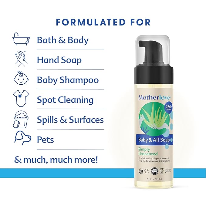 Motherlove Baby & All Soap (32 oz) Gentle Foaming All-Purpose Castile Soap Made with Organic Ingredients – Simply Unscented (Pack of 2)