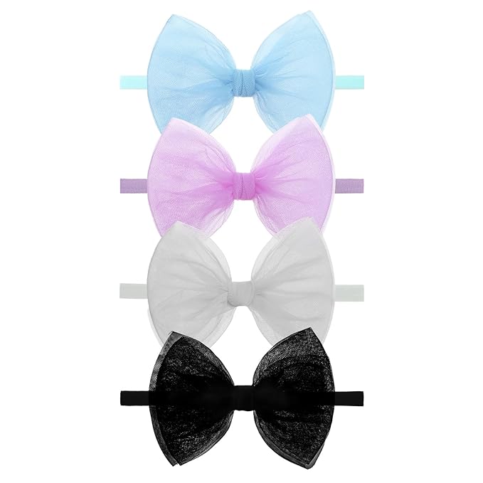4 Pcs 4.5’’ Organza Lace Bow for Baby Girls Blue Headbands Black Mesh Hair Bows Baby Shower Gifts for Newborn Infant Toddler Girl