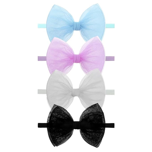 4 Pcs 4.5’’ Organza Lace Bow for Baby Girls Blue Headbands Black Mesh Hair Bows Baby Shower Gifts for Newborn Infant Toddler Girl