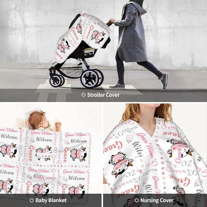 Personalized Cute Little Cow Baby Car Seats Canopy for Babies with Name, Custom Monogram Car Seat Covers for Girls, Opening Minky Nursing Breastfeeding Cover Infant Carseat Canopies for Newborn