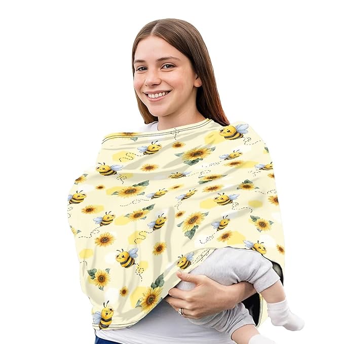 Wanyint Baby Car Seat Cover Cute Carseat Canopy for Babies Boys Girls Multi-Use Nursing Breastfeeding Covers Nursing Scarf Halloween Decoration, Bee Print Sunflower Yellow