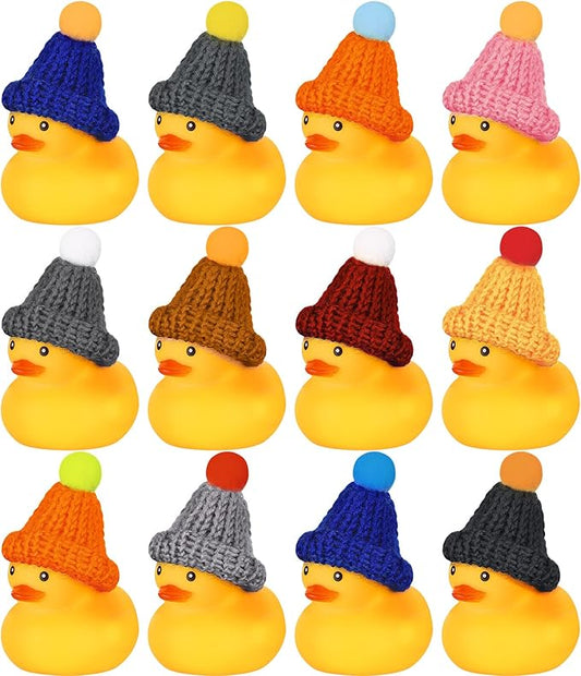 Chivao 12 Pcs Rubber Ducks with 12 Sunglasses/ Hats/ Headwear Small Mini Carnival Cruise Birthday Rubber Duckies Bathtub Toys in Bulk(Duck with Hats,Yellow)
