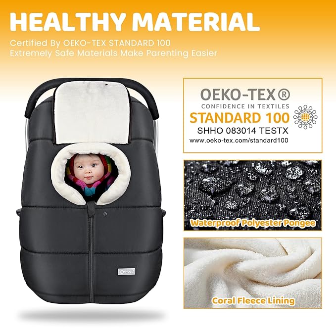 Orzbow Car Seat Cover Baby, Carseat Covers Baby for Infant Boys & Girls, Coral Fleece Winter Car Seat Cover with Collar for Cold Weather, Waterproof, Newborn Essentials Must Have for Winter, Black