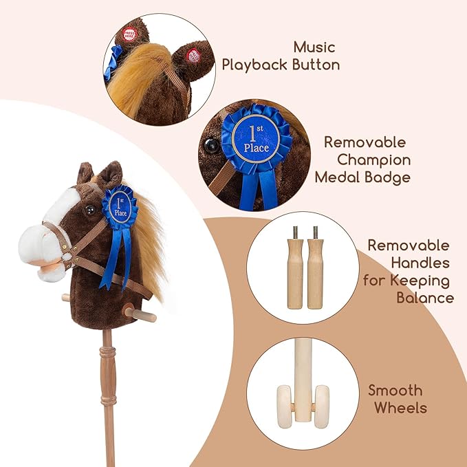 HollyHOME Stick Horse Plush with Detachable Blue Ribbon Champion Hobby Horse on Stick with Wood Wheels Real Pony Neighing for Kids Toddlers Chocolate 36 Inches(AA Batteries Required)