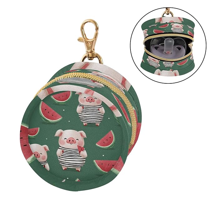 Pacifier Holder with Clip Pacifier Case for Diaper Bag Round Baby Pacifier Pouch Box Bag Portable Dark Green Pig and Watermelon