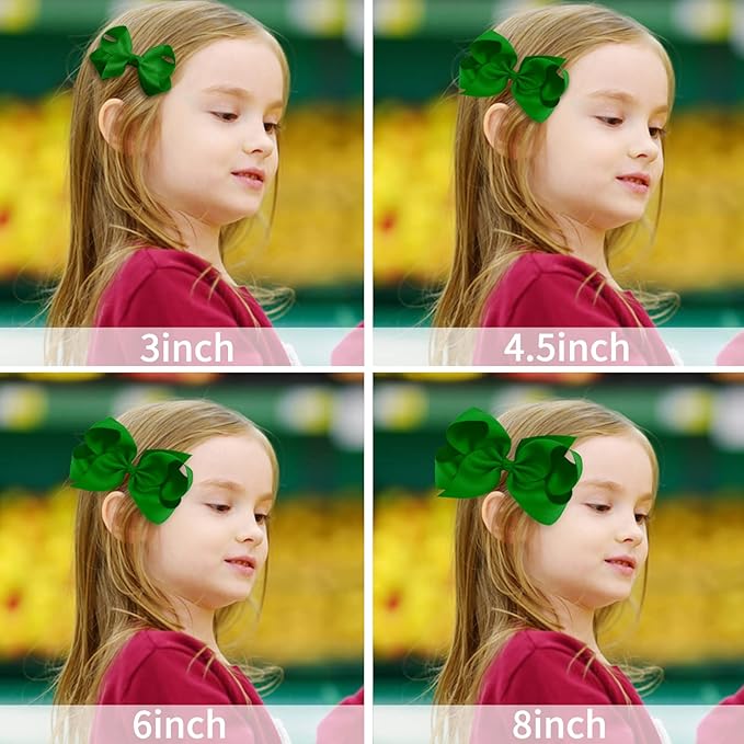 Oaoleer 8PCS Hair Bows for Girls Green Grosgrain Ribbon Boutique Bow Alligator Clips Hair Accessories for Toddlers Little Girls Kids (8inch, 6inch, 4.5inch, 3inch in Pair)
