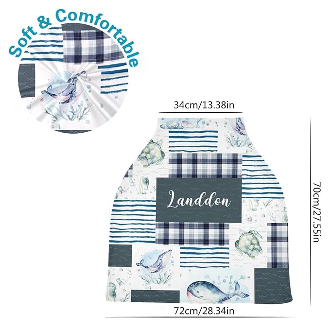 Personalized Baby Car Seat Cover for Boys Girls, Custom Nursing Covers for Breastfeeding with Name, Infant Stroller Cover, Baby Carseat Canopy for Newborn, Multiuse Car Seat Canopies, Ocean and Whale