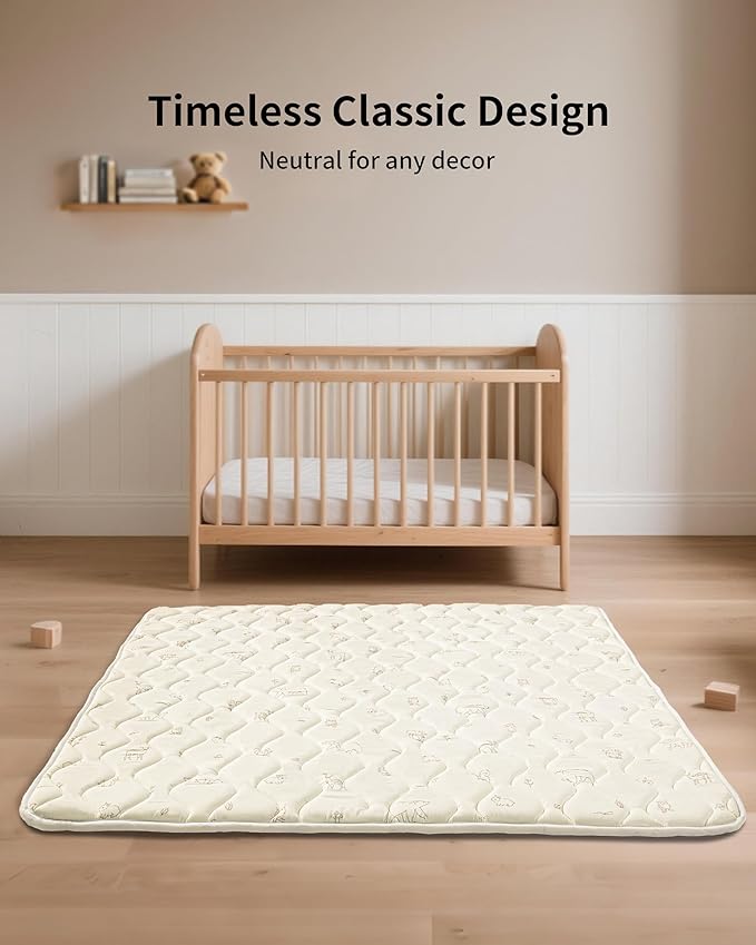 Fortella Extra Thick Baby Play Mat for 50" Playpen, 47"x47" Snug Fit Playpen Mat, Machine Washable Foam Play Mat for Floor - Portable, Non-Slip Tummy Time & Crawling Mat for Babies Toddlers (Forest Beige)