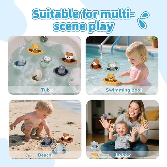 Bath Toys Float Boats for Kids Ages 18M+,Stackable Floaty Boat,Animal Finger Puppets,Toddler Toys Gifts for 2-4 Year Old Baby Gifts Valentines Easter Basket