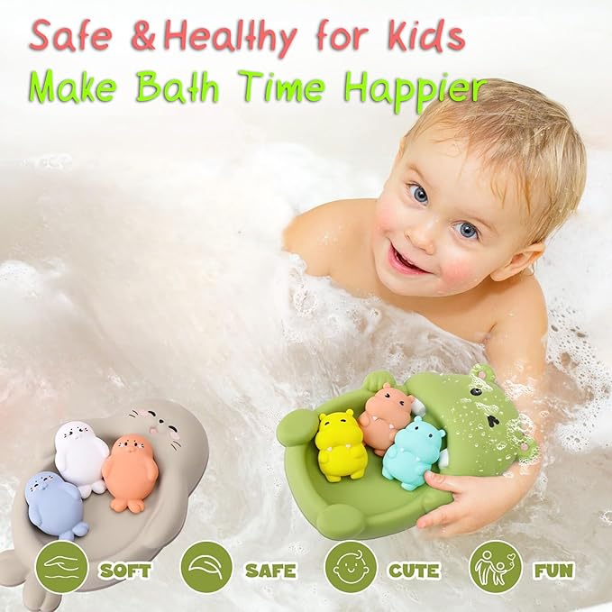 Seal & Hippo Family Bath Adventure Set, 1 Mother Seal & Hippo and 3 Baby Seal & Hippo, Soft Vinyl Material, One-Piece No Hole Design (Hippo)