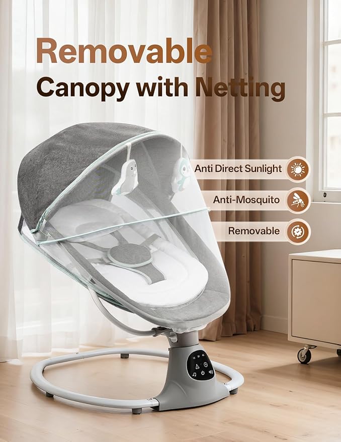 Electric Baby Swing for Infants to Toddler, Portable Swing Rocker with 5 Point Harness, 5 Sway Speed, Bluetooth,12 Preset Lullabies with Remote Control, Infant Swing for Baby Boys & Girls, Grey