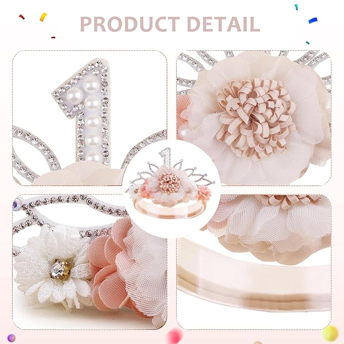 cherrboll Flower Headband Birthday Crown for Girl, Floral Nylon Hairband for 1-3 Years Old Toddler, First 1st Birthday Party Dress Photo Decoration Hair Accessory