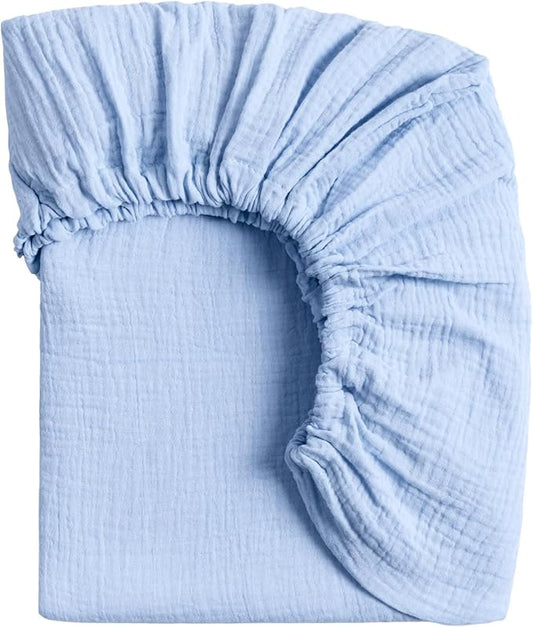 Meracorallo Muslin Mini Crib Sheet, Pack n Play Fitted Sheet, Soft and Breathable Pack and Play Playard Mattress Sheet for Baby Boys and Girls, Sky Blue