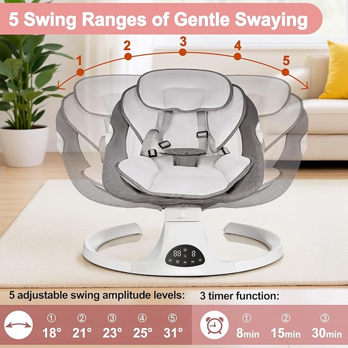 Baby Swing for Newborn to Toddler, 5 Speed Portable Infant Swing with Smart Touch Control, Remote Control, 10 Lullabies, Timer, 5 Point Harness and Soft Fabric (Grey)