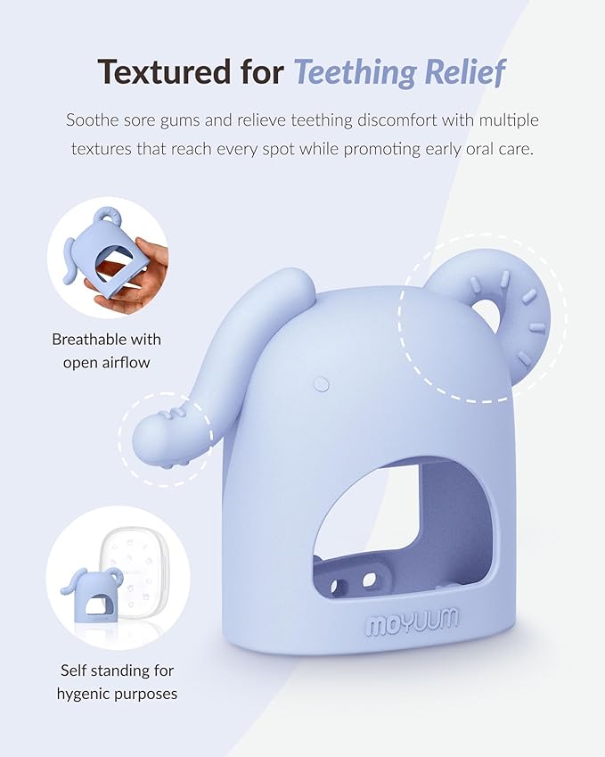 Moyuum Silicone Elephant Grip Hand Teether Toy | Made in Korea, Provides Teething Relief, Wearable Teether is Easy to Hold, Drop Resistant with Adjustable Wrist Strap, Babies 3+ Months, Yellow