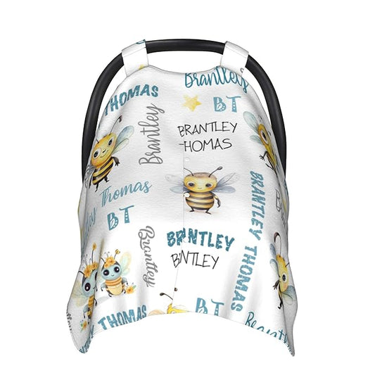 Custom Baby Car Seat Canopy Personalized Car Seat Covers with Name for Baby Boys Girls Customized Bee Nursing Breastfeeding Cover Infant Carseat Canopies Newborn Minky Baby Blanket