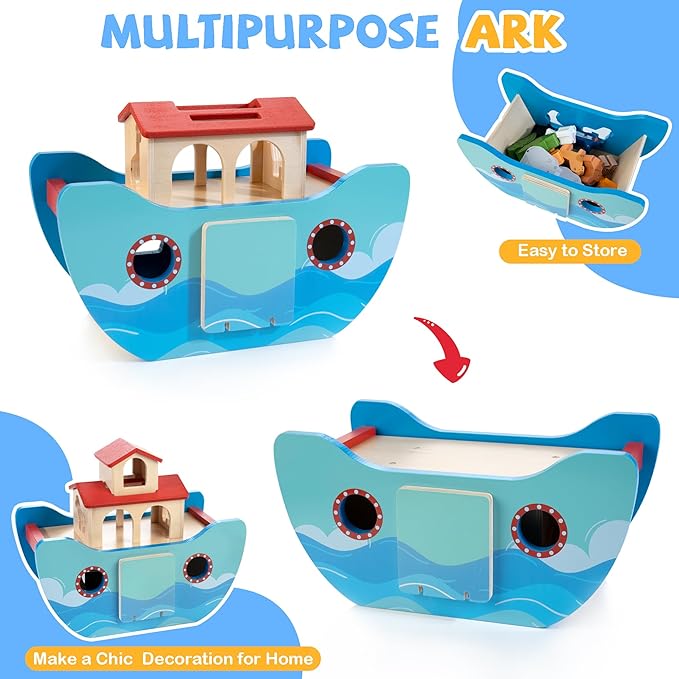 JUSTWOOD Wooden Noahs Ark Toy Animal Play Set, Bible Story Toys Baptism Gift for Boys and Girls Ages 1+ Years, Baby Shape Sorter Toy SS09