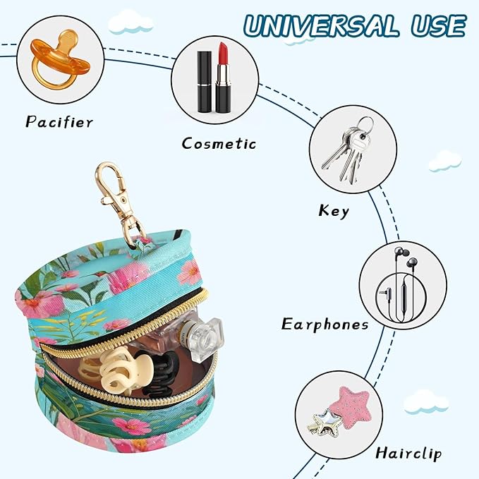 Pacifier Holder with Clip Pacifier Case for Diaper Bag Round Baby Pacifier Pouch Box Bag Portable Hummingbird Flower Leaf Far Mountain