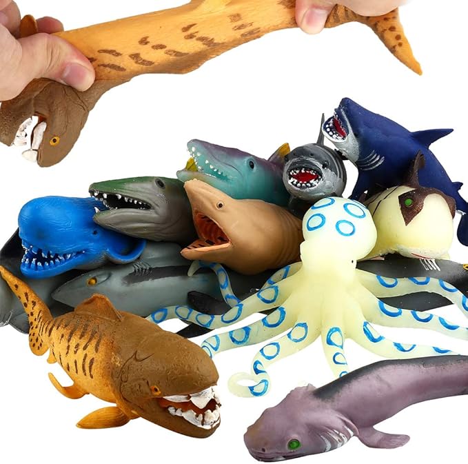 Ocean Sea Animal,8 Inch Rubber Bath Toy Set(8 Pack Random),Super Stretches Material TPR, Some Kinds Can Change Colour, ValeforToy Floating Bathtub Toy Party Shark Octopus Figure