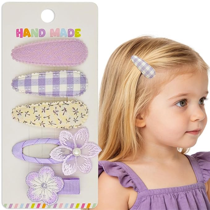 Safe Baby Hair Clips for Girls Toddler, 5Pcs Pastel Purple & Lavender Set with Hand-Embroidered Flowers & Pearl – 4 Snap Clips + 1 Fully Wrapped Alligator Clip, Non-Slip Barrettes for Newborn Infants