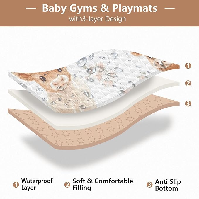 Highland Cows Cute Baby Playmat Washable Playroom Crawling Mat Non-Slip Play Mats for Floor 50x50 Mat