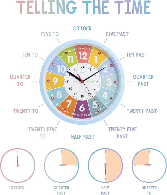 Learning Clock for Kids – Silent Classroom Clock Telling The Time Teaching Toddler Boys Analog for Kid's Room Classroom School Playroom, Blue