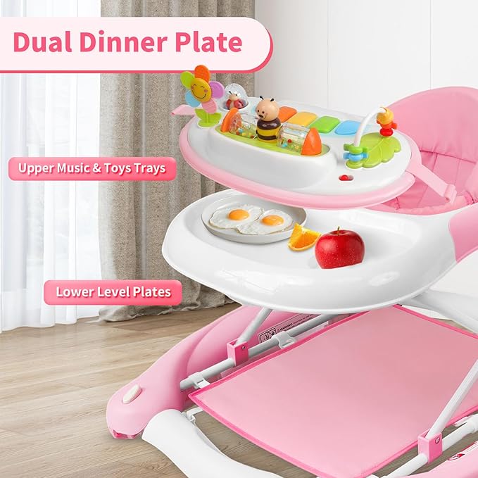 5 in 1 Baby Walker, Music and Lights Walker for Baby Boy Girls 6-12 Months, Foldable Baby Walkers with Wheels and Bouncer Combo Portable, Toddler Infant Walker with Adjustable Height