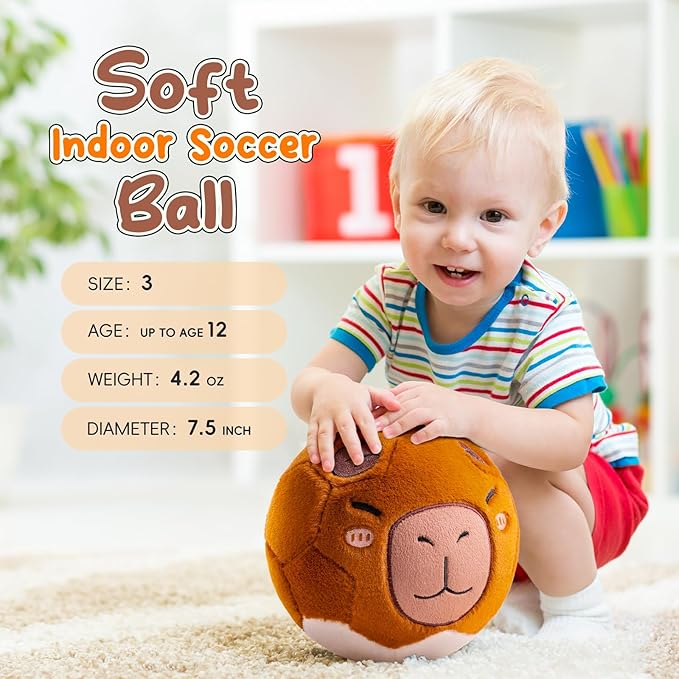 VangeBow Silent Indoor Soccer Balls for Toddlers 1-3, Inflatable Soft Plush Baby Toddler Soccer Ball Toys Gifts for 1 2 3 4 5 Year Old Boy Girl First Birthday Gift (Capybara, Pump Include)